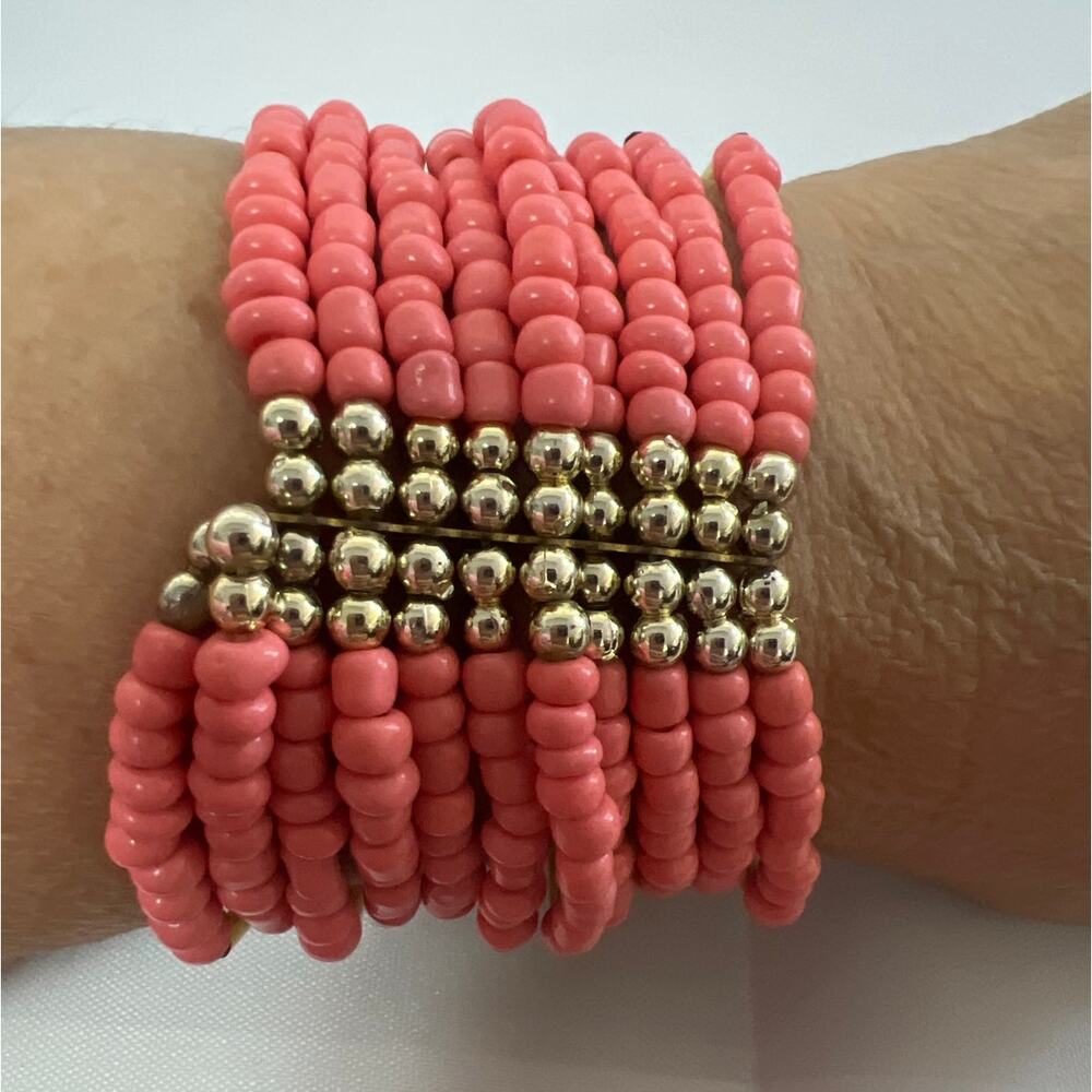 Multi-Strand Pink Beaded Stretch Cuff Style Bracelet